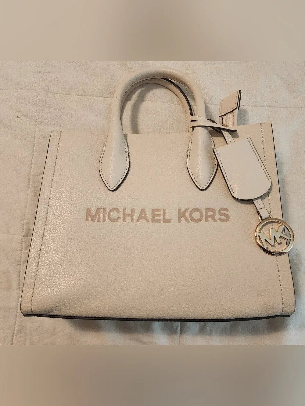 Michael Kors Cream Leather Logo Satchel with Gold Logo Charm Structured New